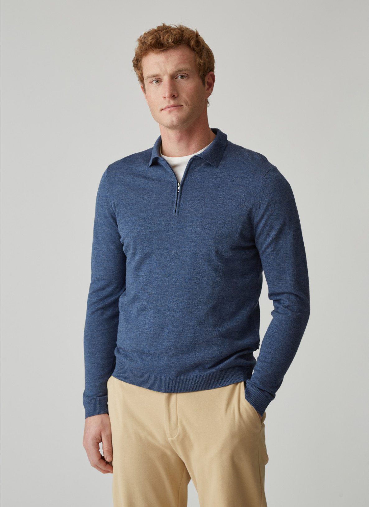 Pullover Polokragen Zip 1/1 Arm, Denim Frontansicht