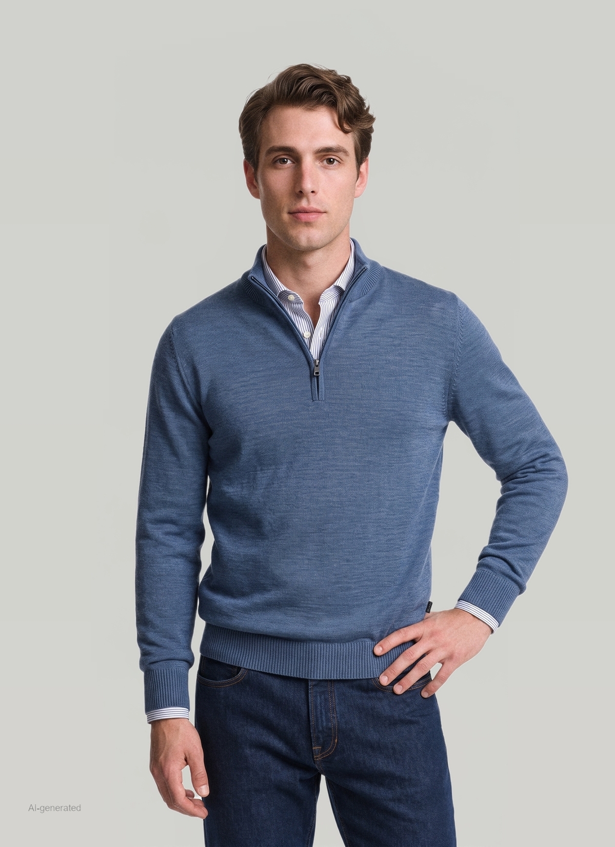 Pullover Stehkragen 1/1 Arm, Nimes Blue Frontansicht