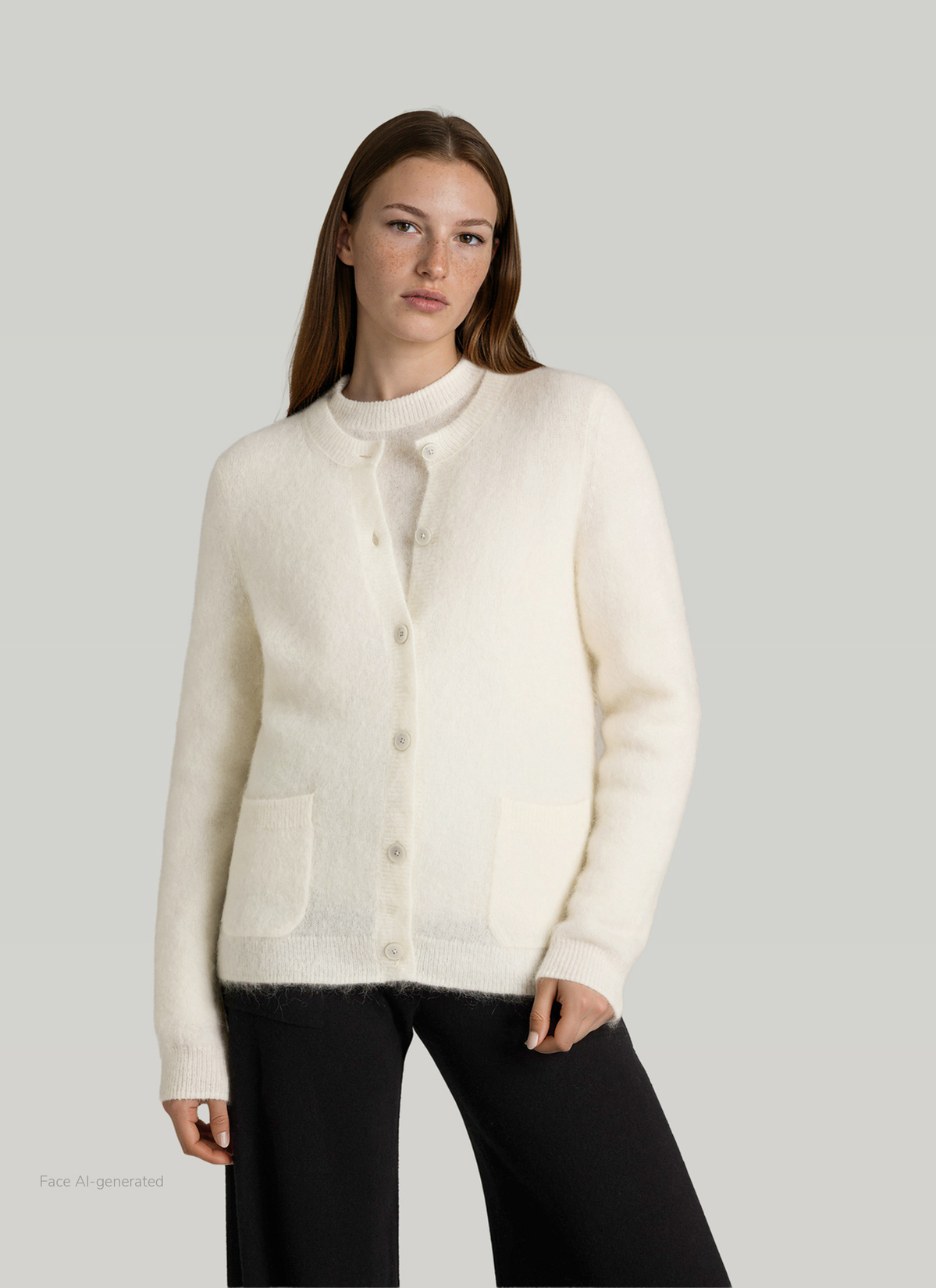 Strickjacke Knopf 1/1 Arm, New White Frontansicht