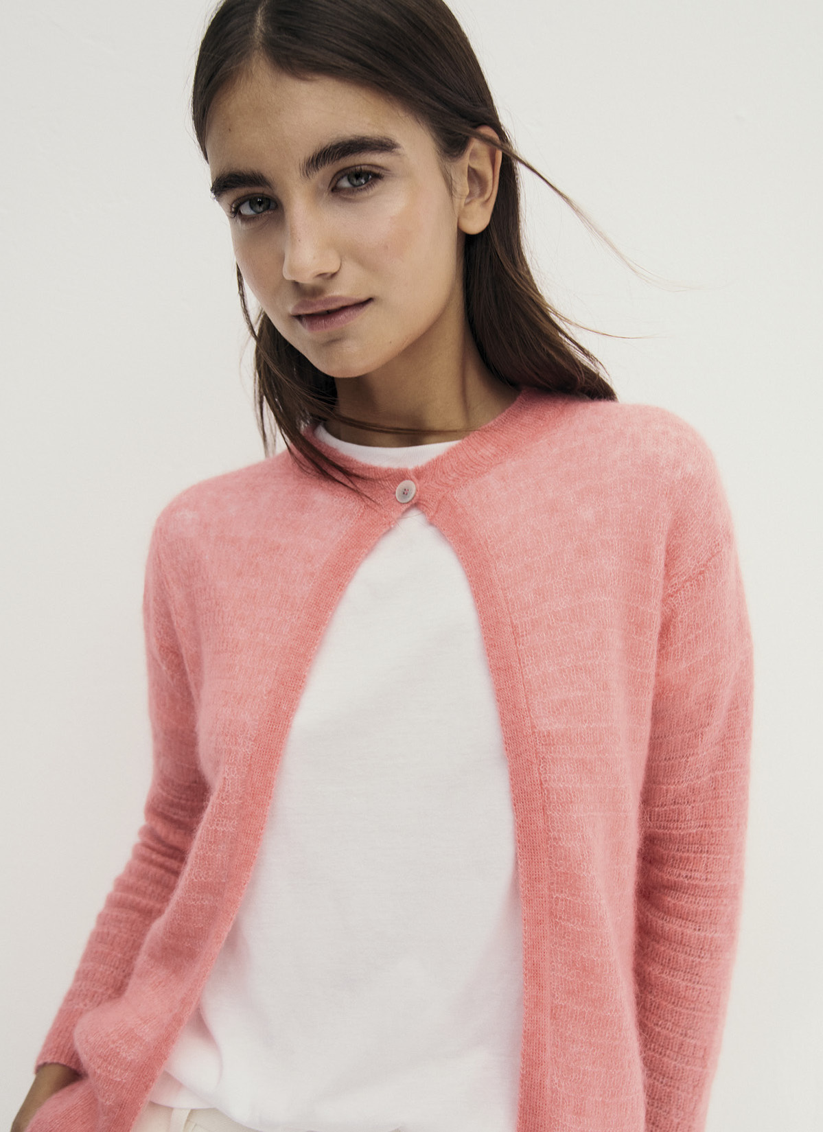 Strickjacke Knopf 1/1 Arm, Flamingo Frontansicht