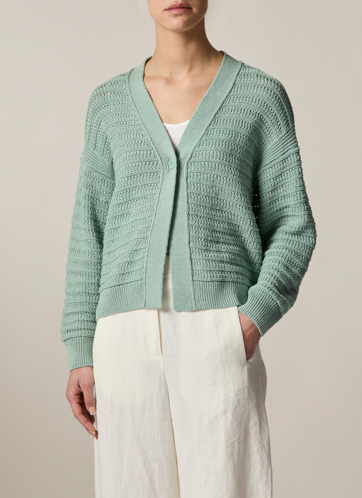 Strickjacke Knopf 1/1 Arm, Light Aqua Frontansicht